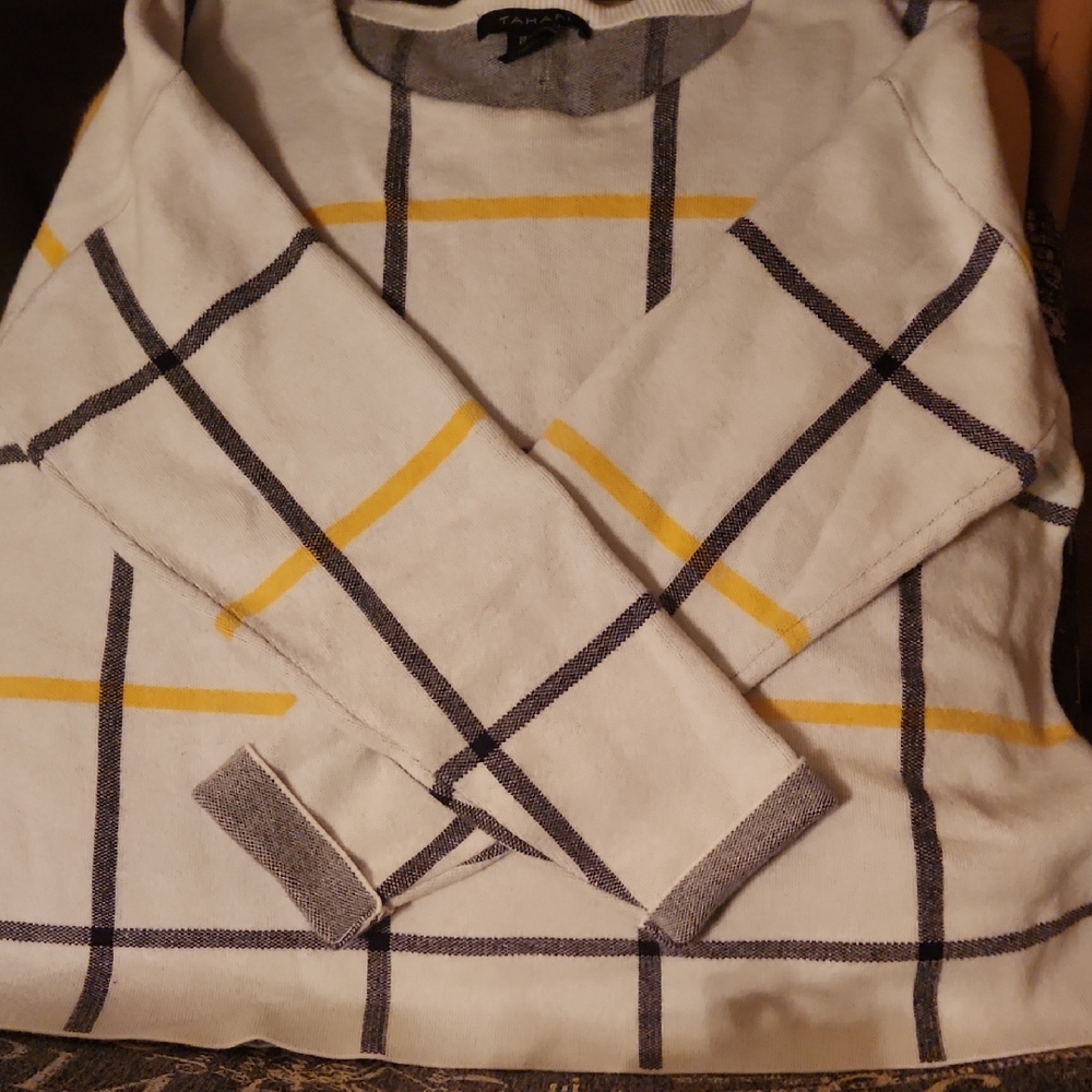 Tahari Cream Plaid Crewneck Sweater with Yellow & Gray Stripes